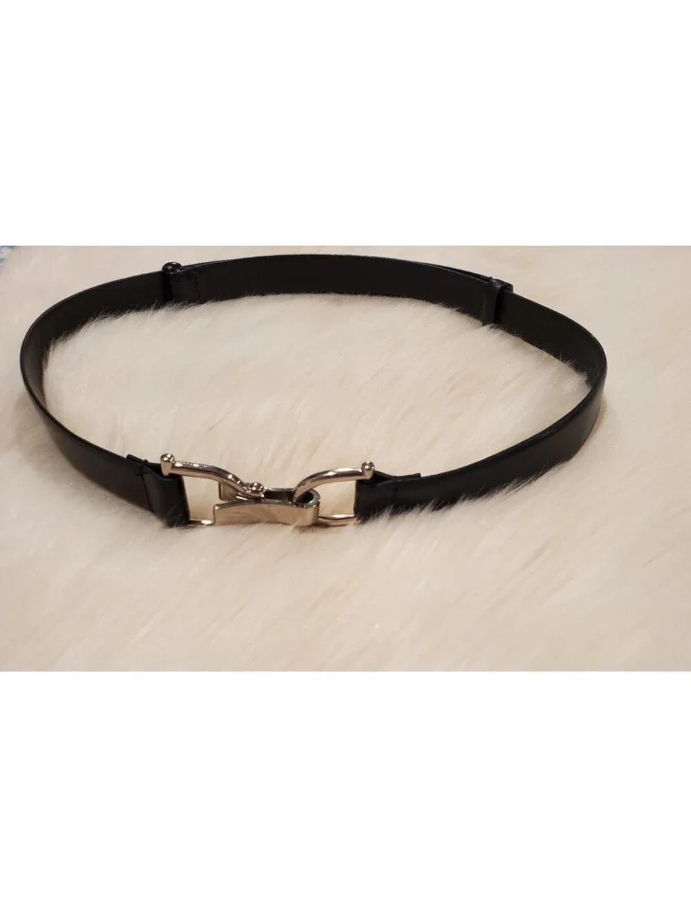 Anne Klein M/L Black Bonded Leather Belt Silver Clip Buckle Adjustable NWT